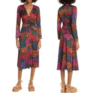 NWOT Farm Rio Rainbow Hearts Long Sleeve V-Neck Midi Dress